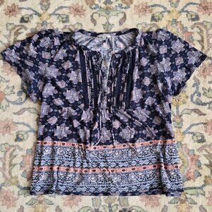 Lucky Brand Tie-Neck Short Sleeve Floral Blouse Women's XL